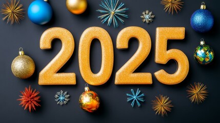 This vibrant image showcases the number '2025' with bright orange glitter, surrounded by festive decorations, exuding a joyful atmosphere for the New Year.