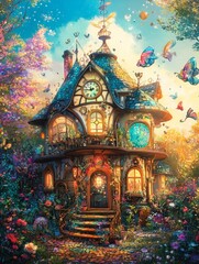 Whimsical cottage in enchanted garden with butterfly fantasia