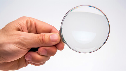 hand holding magnifying glass isolated on white