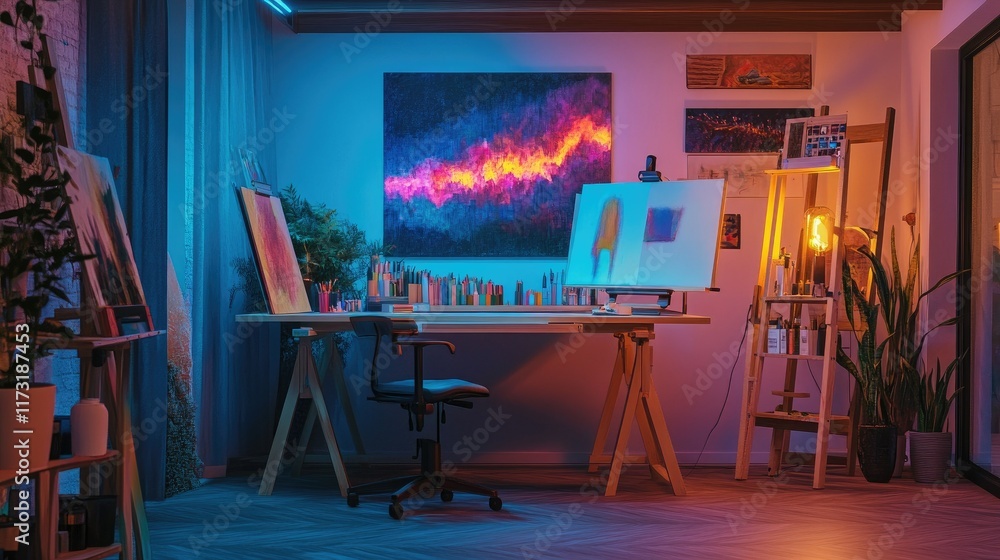 Poster smart art studio featuring color-tunable lights controlled by voice commands.