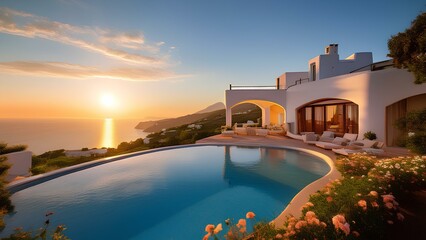 Fototapeta premium Mansion with pool on the shore of the azure sea at sunset. House on the top of the mountain overlooking the sparkling sea.