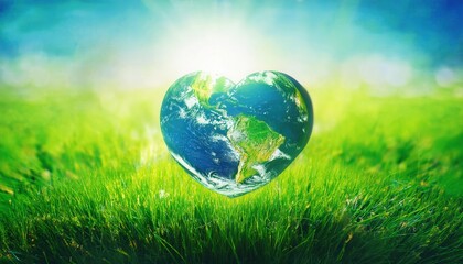 Heart Shaped Earth Reflecting Love for Nature in a Vibrant Green Field Under Sunlight. Celebrate Earth Day with Eco Friendly Action