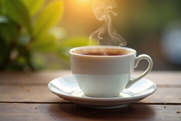 Obraz premium Steaming hot coffee in a delicate white porcelain cup, white porcelain, breakfast, morning