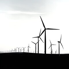 Silhouette of a wind turbine field on a white background