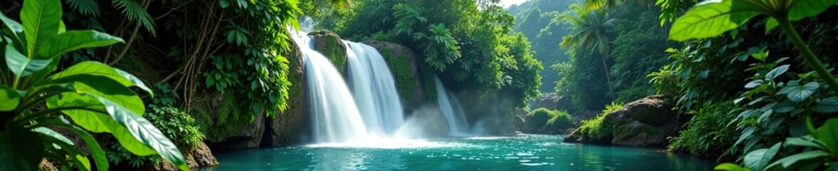 Fototapeta premium Tropical waterfalls cascading down lush greenery, paradise, nature, waterfall