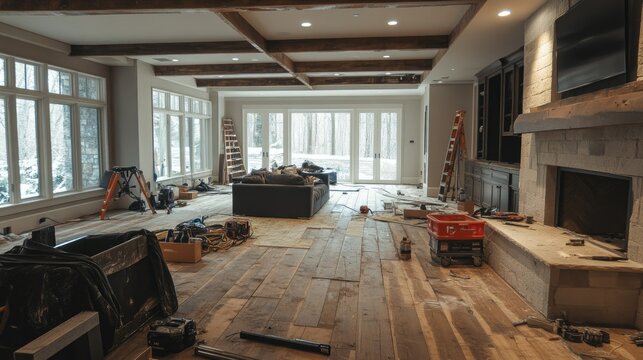 Spacious living room interior construction phase, with exposed wiring, insulation, and tools scattered around the area