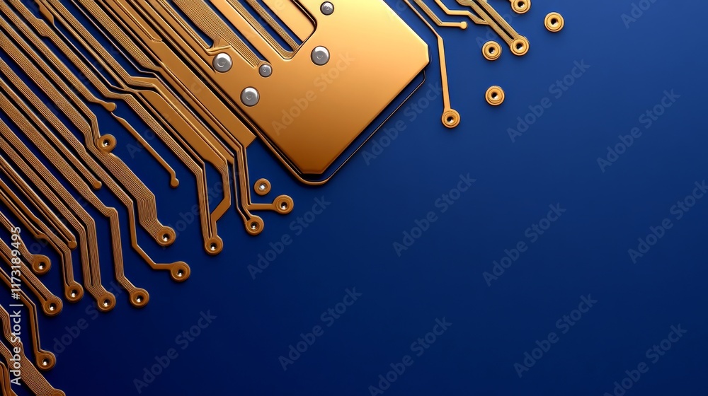 Aufkleber golden circuitry on deep blue: abstract technological background image featuring copper gold circuit
