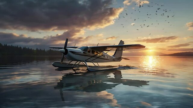 Seaplane floating on the lake at sunset. Seamless 4K looping timelapse video animation background