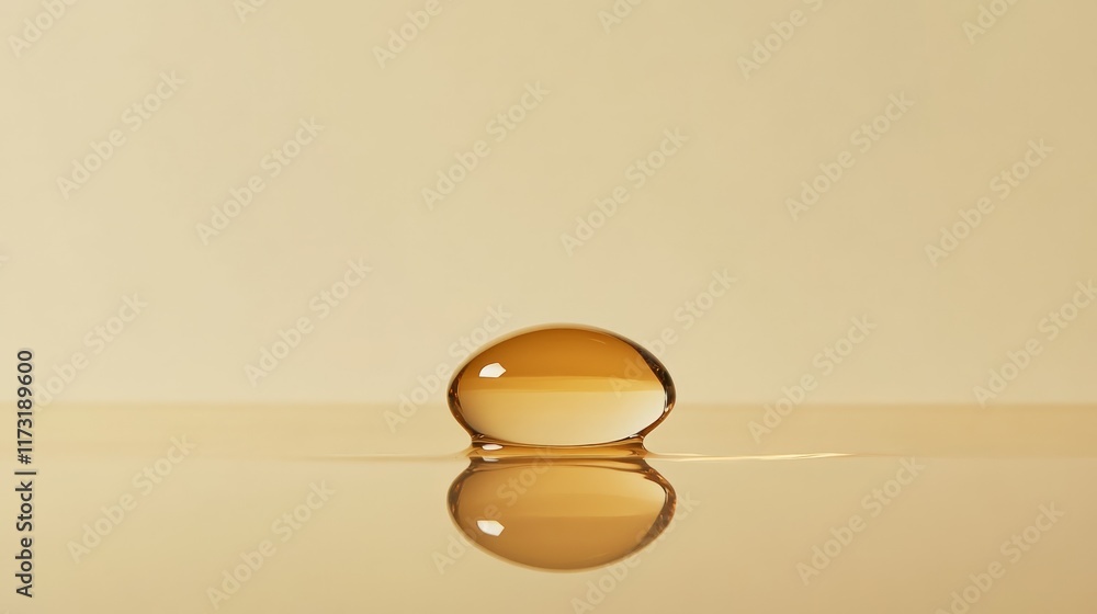 Aufkleber golden translucent drop reflecting on a wet surface, creating gentle ripples in a calming minimalist