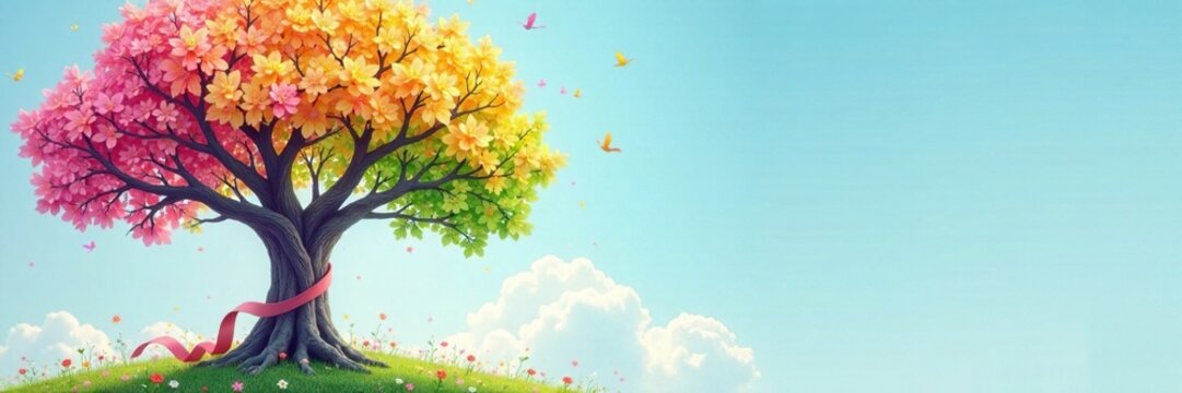 Whimsical tree with a bright rainbow and ribbons in shades of pastel colors, tree, decorative