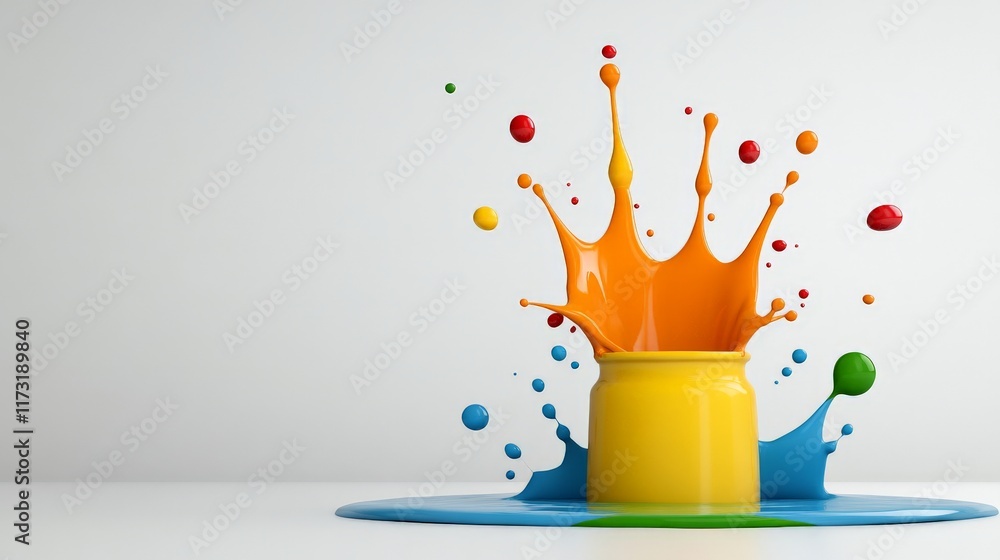 Poster color explosion: a vibrant and dynamic splash of orange, yellow, and blue paint explodes from a can,