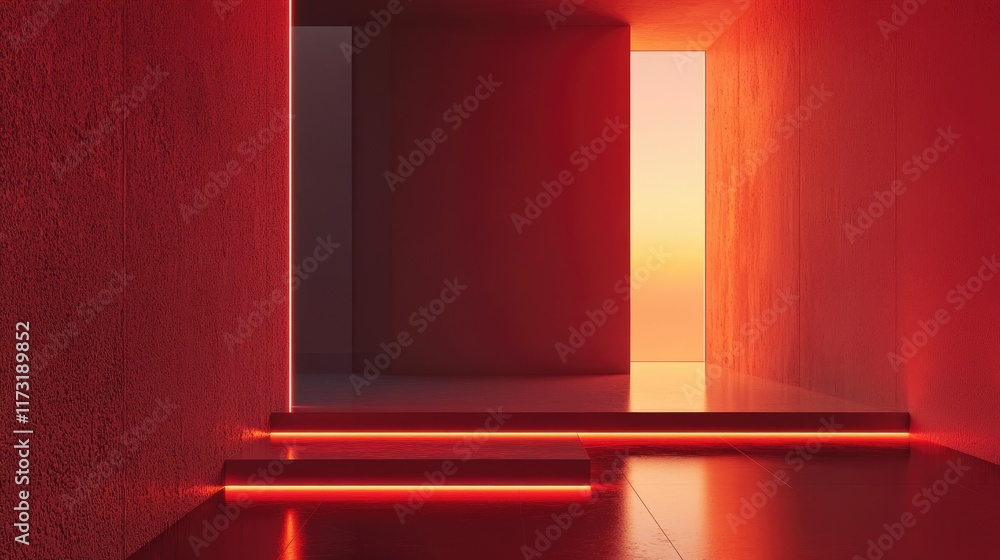 Poster subtle red lighting illuminating a minimalist space with warm and mysterious tones