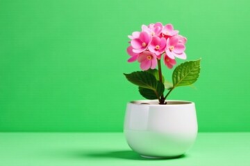 Fototapeta premium White ceramic pot with small hydrangea on green background, whitepot, nature