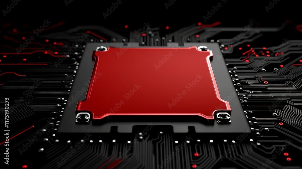 Poster the heart of technology: a close-up view of a powerful computer chip, its red surface gleaming again
