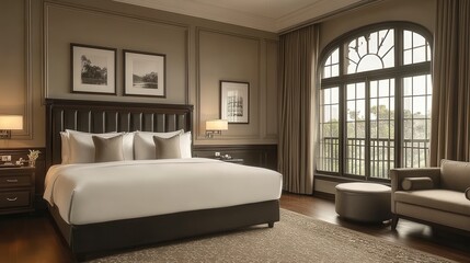 Luxurious hotel bedroom with king-size bed, large window, and armchair.