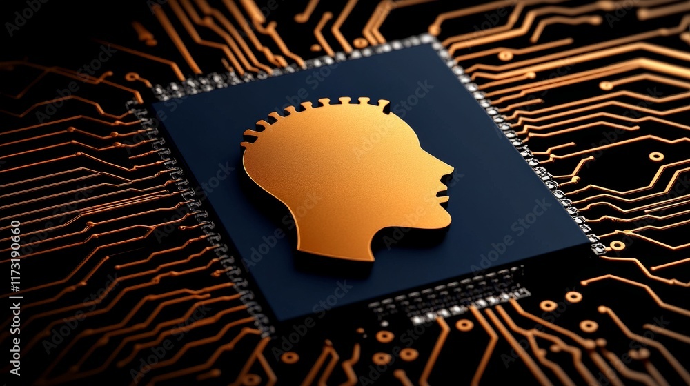 Poster the human processor: a 3d rendering of a golden human head silhouette embedded in a microchip, highl
