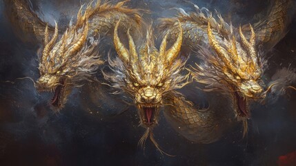 Three-headed dragon serpent with detailed features and mythological influence