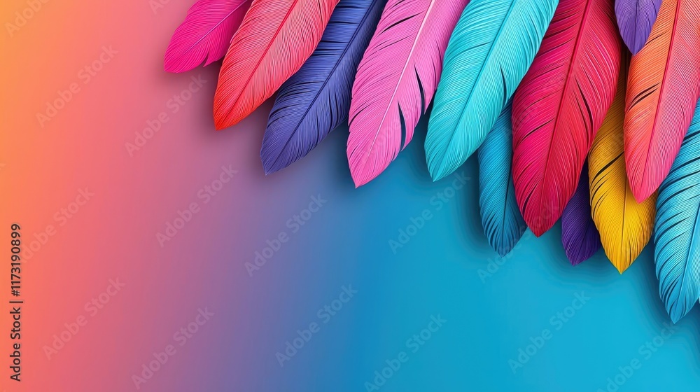 Poster feather abstract background concept. vibrant and colorful feathers against a gradient background for