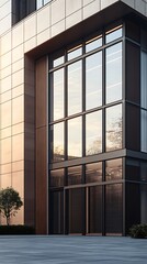 Modern glass building entrance with wooden accents and surrounding greenery.