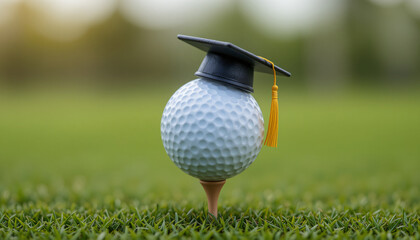 golf ball on a tee with a graduation cap, lush green grass outdoors, sports education concept
