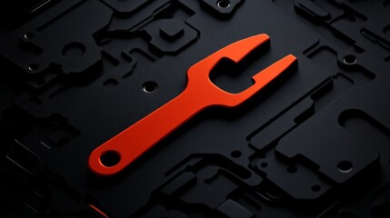 Fototapeta premium Red Wrench on Black Circuit Board: A symbolic representation of technical support, repair, and problem-solving, featuring a red wrench on a black circuit board background. 