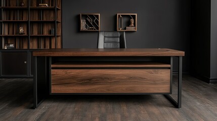 Fototapeta premium Dark wood desk, modern office, bookshelf, chair, interior design