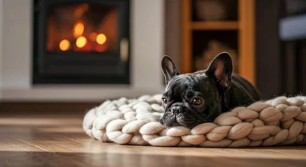 Fototapete French bulldog lying relaxed on knitted blanket.Warm and loving winter scene. © Vero Dibe
