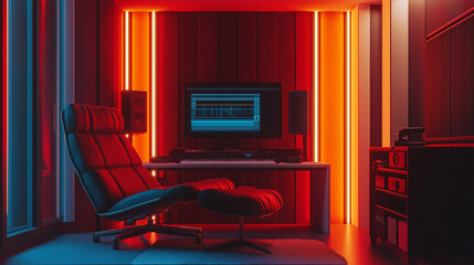 Transition from a simple, minimalist podcast room to a contemporary, fully-equipped podcast studio setting