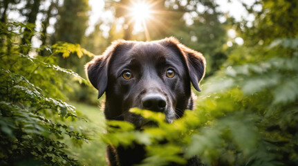 Black dog exploring lush greenery under bright sunlight in a serene forest setting