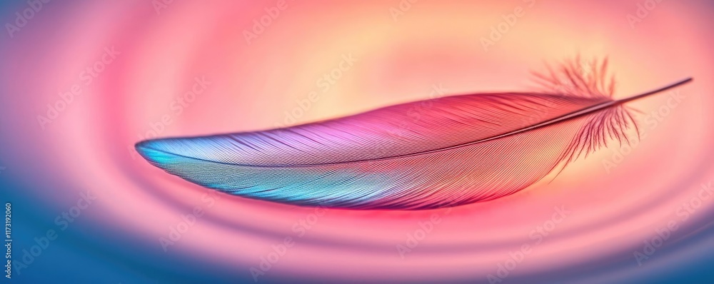 Poster feather abstract background concept. a colorful feather floating gracefully in a serene, abstract ba