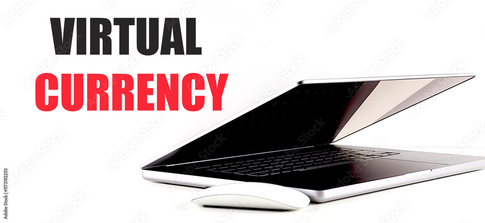 Poster virtual currency text with an open laptop and wireless mouse on a white background
