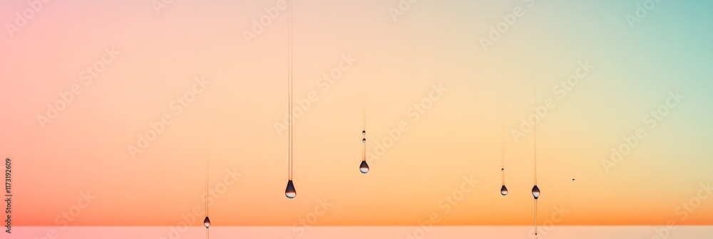 Poster crystal clear water droplets falling against a vibrant, colorful background, creating a mesmerizing 