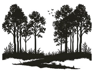 Silhouette of a forest with tall trees and a pathway on a white background