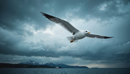 Fototapeta premium Seagull soaring against stormy sky over coastal waters, dramatic atmosphere