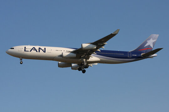 Frankfurt am Main, Germany - July 18, 2010: Chilean LAN Airlines Airbus A340-300 with registration CC-CQC on final for Frankfurt Airport