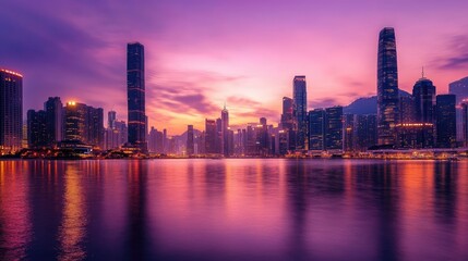 Fototapeta premium Twilight city skyline, featuring iconic landmarks and reflective glass skyscrapers glowing against a vibrant purple-orange sky