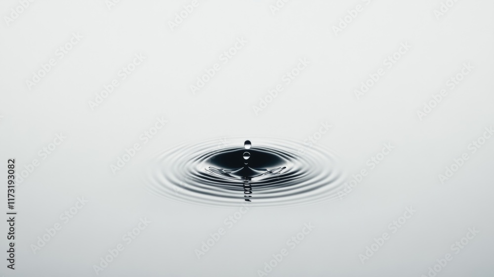 Poster water drop falling into a calm body of water, creating concentric ripples that expand outward, refle