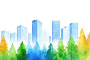 Modern Cityscape with Colorful Trees and Soft Watercolor Background