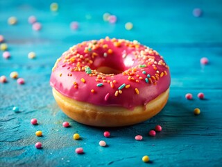 Delicious Pink Sprinkle Donut on Blue Background - Tilt-Shift Miniature Food Photography