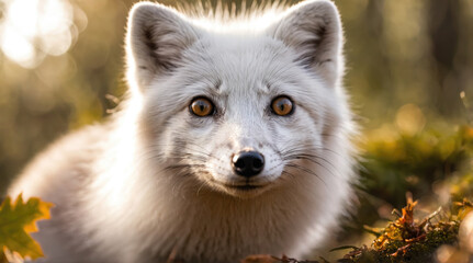 Obraz premium Arctic fox stands amidst golden foliage in a serene forest setting during early morning light