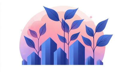 Abstract cityscape with modern buildings and blue foliage in a vibrant background