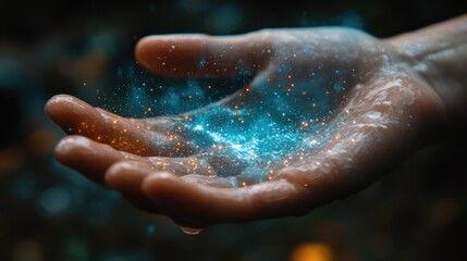 Fototapeta premium Ethereal Hand Holding Glowing Particles in Mystical Atmosphere