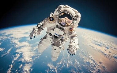 Astronaut in space suit floating outside the International Space Station with Earth and blue sky background.
