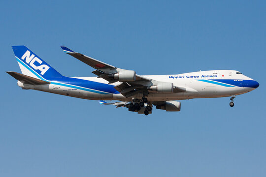 Frankfurt am Main, Germany - April 1, 2009: Japanese Nippon Cargo Airlines Boeing 747-400F with registration JA05KZ on final for Frankfurt Airport