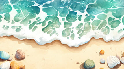 Obraz premium serene beach scene with soft waves meeting sandy shore, surrounded by scattered seashells, creating tranquil and refreshing coastal atmosphere