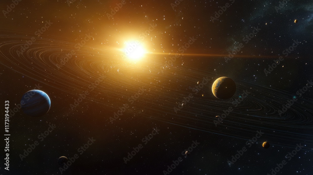 Poster vibrant planetary orbits of the solar system against a deep space background, illuminated by distant