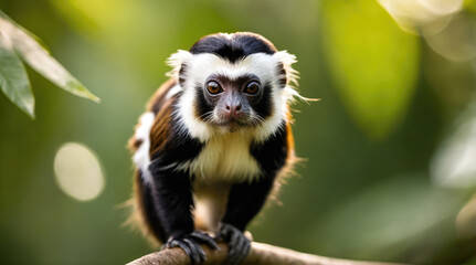 Fototapeta premium Black and white monkey perched on a branch in a lush green forest during daylight