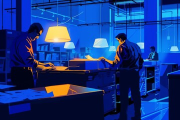 Office workers in modern blue lighting