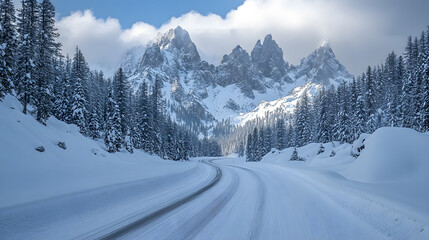 A snowy mountain pass, with ominous clouds rolling in as the background, during an impending winter storm