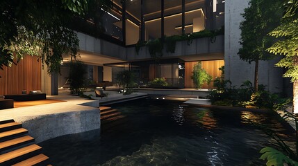 Obraz premium A modern architectural design featuring a serene pool and lush greenery.